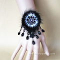 Black Crochet Lace Band With POM Charm Beads Tassel Bracelet